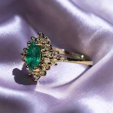 Load image into Gallery viewer, Emerald Halo Diamond Ring - Estate 10K Yellow Gold Marquise Cut Earth Mined Emerald 1/5CTTW Diamond Halo Cluster - Size 5.5 - Fine Jewelry