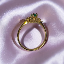 Load image into Gallery viewer, Emerald Halo Diamond Ring - Estate 10K Yellow Gold Marquise Cut Earth Mined Emerald 1/5CTTW Diamond Halo Cluster - Size 5.5 - Fine Jewelry