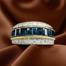 Load image into Gallery viewer, Estate Blue Sapphire & Diamond Ring - 14K Yellow Gold Earth Mined Channel Set 2CTW Pave Diamond Size 7 - 4.4g September Fine Jewelry