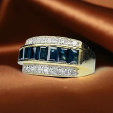 Load image into Gallery viewer, Estate Blue Sapphire & Diamond Ring - 14K Yellow Gold Earth Mined Channel Set 2CTW Pave Diamond Size 7 - 4.4g September Fine Jewelry