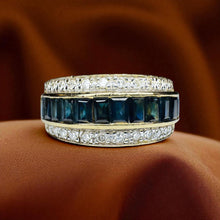Load image into Gallery viewer, Estate Blue Sapphire & Diamond Ring - 14K Yellow Gold Earth Mined Channel Set 2CTW Pave Diamond Size 7 - 4.4g September Fine Jewelry
