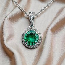 Load image into Gallery viewer, Colombian Emerald & Diamond Halo Necklace - 18K White Gold Round Cut Estate Pendant - 18 Inch - 2.6g May Birthstone Fine Jewelry