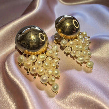 Load image into Gallery viewer, Pearl Drop Earrings - Vintage 14K Yellow Gold Donna Chambers Master Goldsmith Dome Freshwater Pearl Fringe 585 - 34x20mm - 6.3g