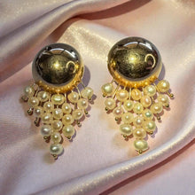 Load image into Gallery viewer, Pearl Drop Earrings - Vintage 14K Yellow Gold Donna Chambers Master Goldsmith Dome Freshwater Pearl Fringe 585 - 34x20mm - 6.3g