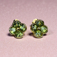 Load image into Gallery viewer, Peridot Quatrefoil Earrings - Estate 14K Yellow Gold Four Leaf Clover Flower Cluster Green Studs - 1.25ct August Birthstone Fine Jewelry