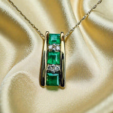 Load image into Gallery viewer, Colombian Emerald Diamond Necklace - Vintage 10K Yellow Gold Princess Square Cut 3/4cttw Tension Bar - 18 Inch May Birthstone Fine Jewelry