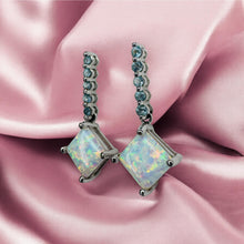 Load image into Gallery viewer, Opal Topaz Dangle Earrings - Estate 10K White Gold Cabochon Drop - 25mm Rainbow October Birthstone Fairytale Fine Jewelry