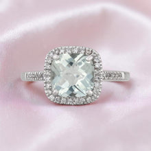 Load image into Gallery viewer, Aquamarine Diamond Halo Ring - Estate 14K White Gold Oval Cushion Cut - Size 7 - 2cttw 585 Gold Engagement Anniversary Wedding Fine Jewelry