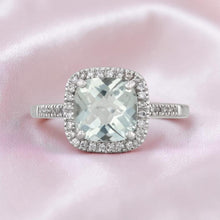 Load image into Gallery viewer, ESTATE- 14K White Gold -Aquamarine & Diamond Halo Ring -Sz 7- 2CTTW- Cushion Cut- 2.6g Wedding Ring -Anniversary Gift - 585 14k Gold
