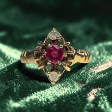 Load image into Gallery viewer, Burmese Ruby Old Mine Diamond Navette Ring - Antique Victorian 14K Yellow Gold Three Stone Carved Setting Circa 1890s Size 5.75 Fine Jewelry
