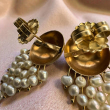 Load image into Gallery viewer, Pearl Drop Earrings - Vintage 14K Yellow Gold Donna Chambers Master Goldsmith Dome Freshwater Pearl Fringe 585 - 34x20mm - 6.3g