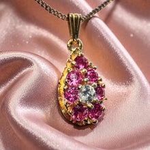 Load image into Gallery viewer, Ruby Old European Cut Diamond Cluster Necklace - Antique 14K Yellow Gold .85CT Ruby Diamond Halo Teardrop Pendant - Circa 1880 Fine Jewelry