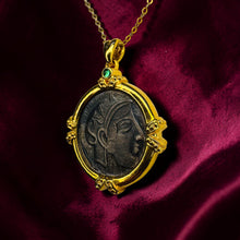 Load image into Gallery viewer, Athena Goddess Coin Necklace - 18K Yellow Gold Emerald Cabochon Owl of Athena Wisdom Pendant - 17 Inch Chain - 5.4g Fine Jewelry