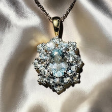 Load image into Gallery viewer, Aquamarine Cluster Halo Necklace - Vintage 10K Yellow Gold 2CTTW Natural Aquamarine Pendant - 18 Inch Chain - 2.6g March Birthstone