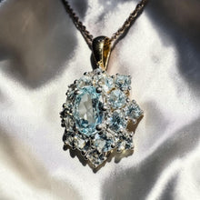Load image into Gallery viewer, Aquamarine Cluster Halo Necklace - Vintage 10K Yellow Gold 2CTTW Natural Aquamarine Pendant - 18 Inch Chain - 2.6g March Birthstone