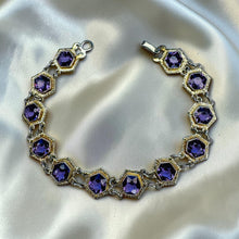 Load image into Gallery viewer, Amethyst Hexagonal Link Bracelet - Antique Art Deco 10K White Gold Handcrafted Fancy Link Chain - Circa 1920s - 7 Inch - 7.5g Fine Jewelry
