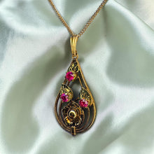 Load image into Gallery viewer, ANTIQUE -10K Gold -Art Nouveau -Ruby Necklace -17" -Flower Leaf Necklace -3.1g Teardrop Pendant - Ethereal Fairytail Necklace - Victorian