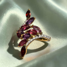 Load image into Gallery viewer, Garnet Amethyst Leaf Vine Bypass Ring - Estate 10K Yellow Gold 1.5CTTW Marquise Cut Garnet Amethyst Diamond Accents - Size 7 Fine Jewelry