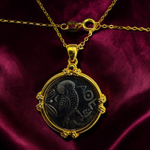 Load image into Gallery viewer, Athena Goddess Coin Necklace - 18K Yellow Gold Emerald Cabochon Owl of Athena Wisdom Pendant - 17 Inch Chain - 5.4g Fine Jewelry