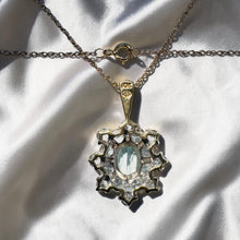 Load image into Gallery viewer, Aquamarine Cluster Halo Necklace - Vintage 10K Yellow Gold 2CTTW Natural Aquamarine Pendant - 18 Inch Chain - 2.6g March Birthstone