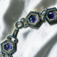 Load image into Gallery viewer, Amethyst Hexagonal Link Bracelet - Antique Art Deco 10K White Gold Handcrafted Fancy Link Chain - Circa 1920s - 7 Inch - 7.5g Fine Jewelry