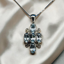 Load image into Gallery viewer, Aquamarine Diamond Cross Necklace - 10K White Gold 1CT Oval Cut Natural Aquamarine With 4 Diamonds - 16 Inch Chain - 2.2g Fine Jewelry