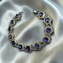 Load image into Gallery viewer, Amethyst Hexagonal Link Bracelet - Antique Art Deco 10K White Gold Handcrafted Fancy Link Chain - Circa 1920s - 7 Inch - 7.5g Fine Jewelry