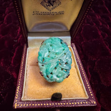 Load image into Gallery viewer, Antique 10K Gold Carved Nephrite Jade Ring – Hand Carved Jade Floral Motif – Art Nouveau Era Statement Ring – Estate Jade Jewelry