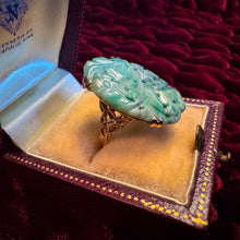 Load image into Gallery viewer, Antique 10K Gold Carved Nephrite Jade Ring – Hand Carved Jade Floral Motif – Art Nouveau Era Statement Ring – Estate Jade Jewelry