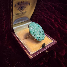 Load image into Gallery viewer, Antique 10K Gold Carved Nephrite Jade Ring – Hand Carved Jade Floral Motif – Art Nouveau Era Statement Ring – Estate Jade Jewelry