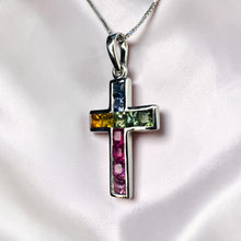 Load image into Gallery viewer, 10K White Gold Natural Sapphire Rainbow Sapphire Cross Necklace | Ceylon Sapphire 10K White Gold | Multi Color Sapphire Pendant | Christian Jewelry | Fine Jewelry Fairytale