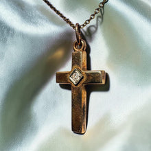 Load image into Gallery viewer, Diamond Cross Necklace - Antique Victorian 10K Yellow Gold Old Mine Cut Diamond Accent Dainty Pendant - 14 Inch Chain - 1.1g Fine Jewelry