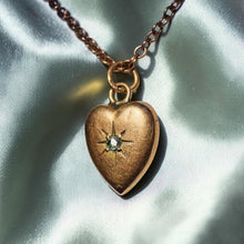 Load image into Gallery viewer, Puffy Heart Necklace - Antique Victorian 10K Yellow Gold Old Mine Cut Diamond Accent Dainty Pendant - 14 Inch Chain - 1.6g Fine Jewelry