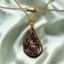 Load image into Gallery viewer, Ruby Lavalier Necklace - Antique Art Nouveau Victorian 10K Yellow Gold Flower Leaf Pendant - 17 Inch Chain - 3.1g Estate Fine Jewelry