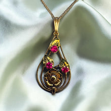 Load image into Gallery viewer, Ruby Lavalier Necklace - Antique Art Nouveau Victorian 10K Yellow Gold Flower Leaf Pendant - 17 Inch Chain - 3.1g Estate Fine Jewelry