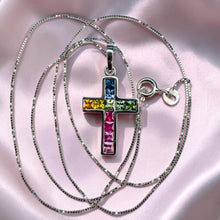 Load image into Gallery viewer, 10K White Gold Natural Sapphire Rainbow Sapphire Cross Necklace | Ceylon Sapphire 10K White Gold | Multi Color Sapphire Pendant | Christian Jewelry | Fine Jewelry Fairytale
