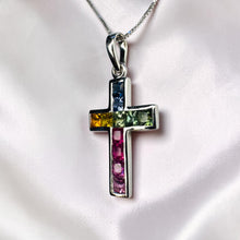 Load image into Gallery viewer, Rainbow Sapphire Cross Necklace - 10K White Gold Multi-Color Natural Sapphires - 1.5ct - 18" Chain - Faith Fine Jewelry