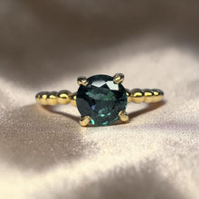 Load image into Gallery viewer, Teal Sapphire Ring in 14K Yellow Gold – .75ct Untreated Unheated Natural Greenish Blue Sapphire Round Cut Beaded Band Stacking Ring –Size 6