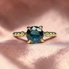 Load image into Gallery viewer, Teal Sapphire Ring in 14K Yellow Gold – .75ct Untreated Unheated Natural Greenish Blue Sapphire Round Cut Beaded Band Stacking Ring –Size 6