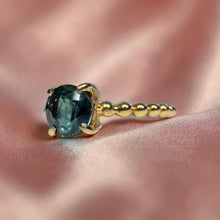 Load image into Gallery viewer, Teal Sapphire Ring in 14K Yellow Gold – .75ct Untreated Unheated Natural Greenish Blue Sapphire Round Cut Beaded Band Stacking Ring –Size 6