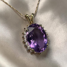 Load image into Gallery viewer, Natural Amethyst & Halo Diamond Necklace – 14K Gold – 20" – Large 4.5ct Oval Cut – Vintage Estate – 3.8g –February Birthstone – Fine Jewelry