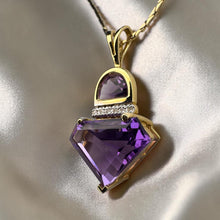Load image into Gallery viewer, Natural Amethyst & Diamond Necklace in 14K Gold -17" Chain Retro Circa 1980's Contemporary Estate 4.4g February Birthstone Fine Jewelry