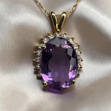 Load image into Gallery viewer, Natural Amethyst & Halo Diamond Necklace – 14K Gold – 20" – Large 4.5ct Oval Cut – Vintage Estate – 3.8g –February Birthstone – Fine Jewelry