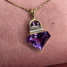 Load image into Gallery viewer, Natural Amethyst & Diamond Necklace in 14K Gold -17" Chain Retro Circa 1980's Contemporary Estate 4.4g February Birthstone Fine Jewelry