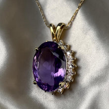 Load image into Gallery viewer, Natural Amethyst & Halo Diamond Necklace – 14K Gold – 20" – Large 4.5ct Oval Cut – Vintage Estate – 3.8g –February Birthstone – Fine Jewelry