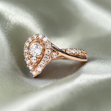 Load image into Gallery viewer, 10K Rose Gold Diamond Ring Size 7 Pear Ring Twist Shank Pave Diamonds 3/4ct Halo Diamond Ring 2.1g Wedding Ring Engagement Ring Fine Jewelry