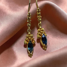 Load image into Gallery viewer, Antique Blue Sapphire Drop Earrings Estate in 14K Gold Art Nouveau Filigree Marquise Blue Sapphire Dangle Earrings 1.6g Vintage Fine Jewelry