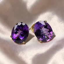 Load image into Gallery viewer, Vintage- 14K Gold Natural Amethyst Earrings Large 5CT T.W. Oval Cut Earth Mined African Amethyst 10mm Studs February Birthstone Estate