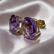 Load image into Gallery viewer, Vintage- 14K Gold Natural Amethyst Earrings Large 5CT T.W. Oval Cut Earth Mined African Amethyst 10mm Studs February Birthstone Estate