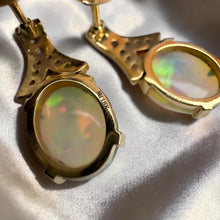 Load image into Gallery viewer, Opal Diamond Drop Earrings in 18K Gold, Natural 3.64ct Orion Opal Designer Chromia Dangle Earrings, October Birthstone Anniversary Gift Wife
